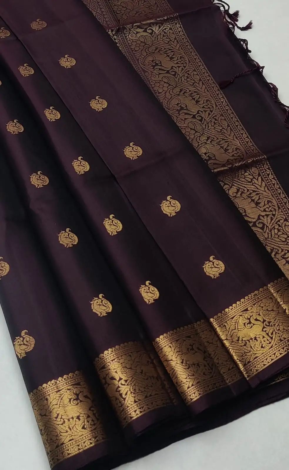 Dark Plum & Antique Gold Peacock Brocade Kanchipuram Silk Saree